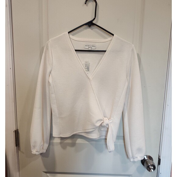 Women's Madewell Texture and Thread Long Sleeve Crepe Wrap Top XS Cream - Picture 2 of 7